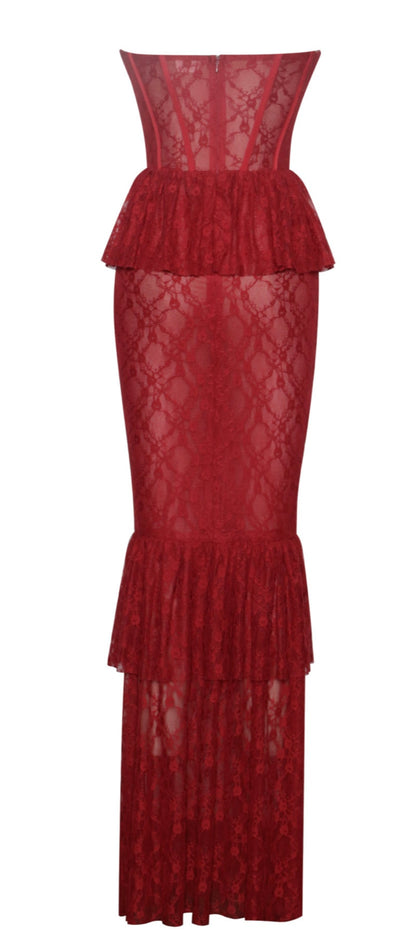 Burgundy Lace Corset Maxi Dress