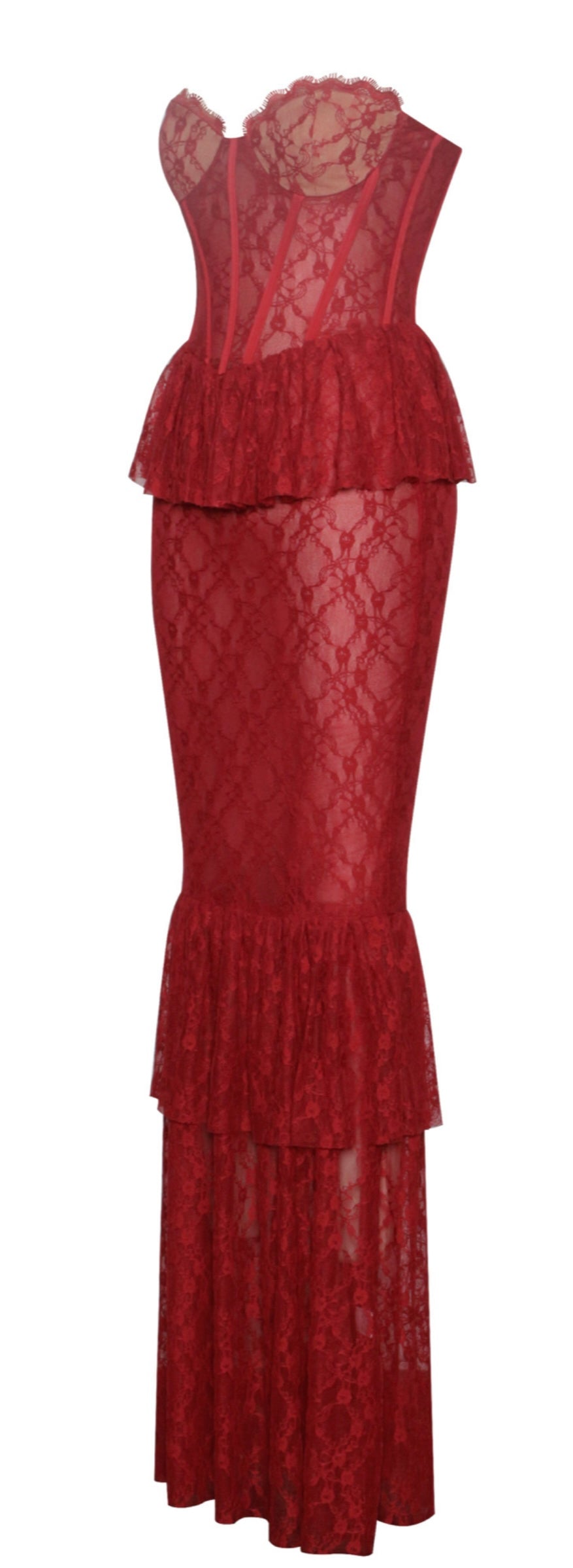 Burgundy Lace Corset Maxi Dress