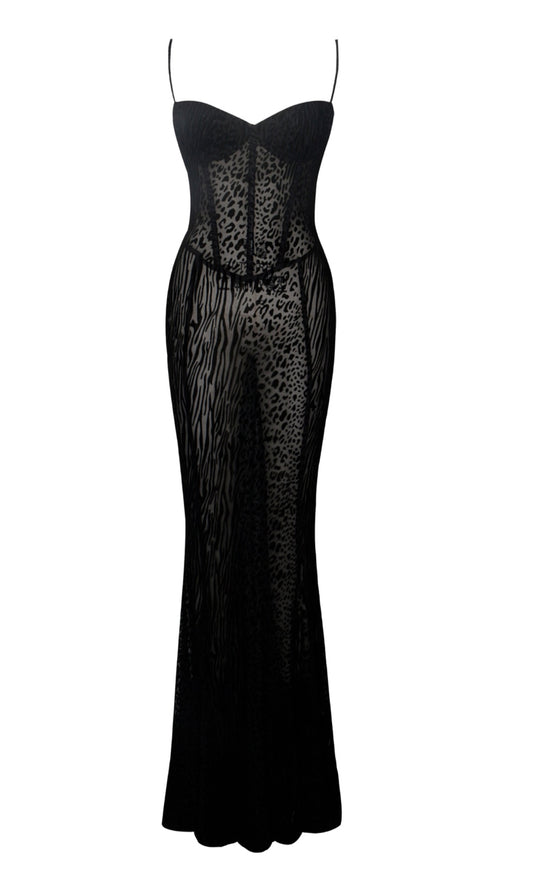 Black Burnout Velvet Cheetah Mesh Maxi Dress