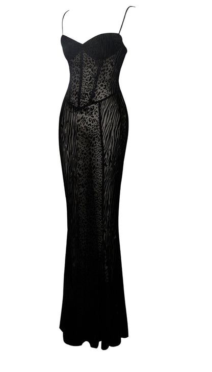 Black Burnout Velvet Cheetah Mesh Maxi Dress