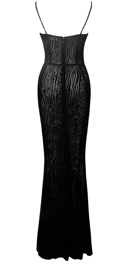 Black Burnout Velvet Cheetah Mesh Maxi Dress